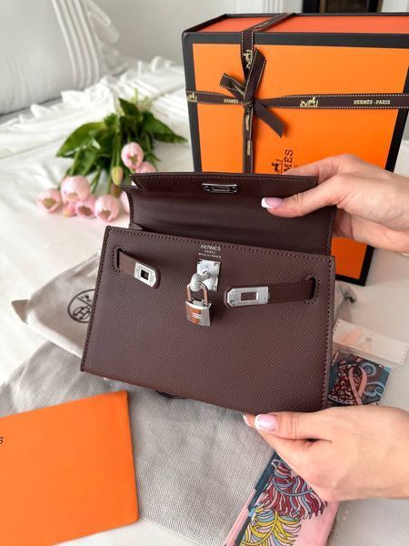 Сумка в стилі Hermes Kelly Chocolate Silver P15035 фото