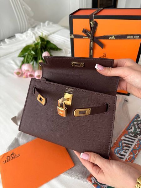 Сумка в стилі Hermes Kelly Chocolate Gold P15034 фото